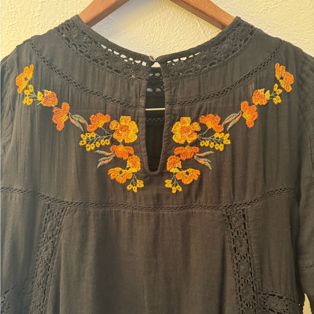 Free People Victorian Embroidered Dress Black Orange